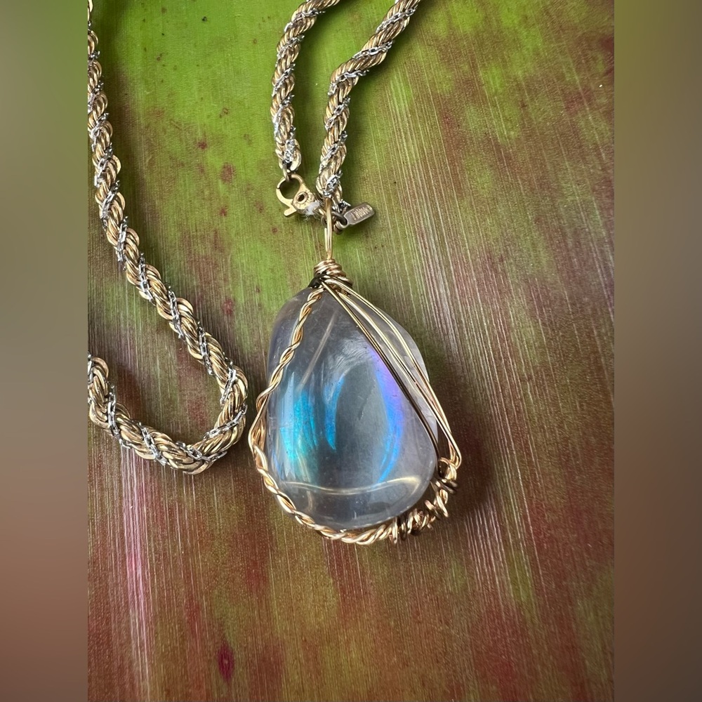 Aura Gemstone Wrapped Pendant w/ Vintage Monet Chain | 18" - Picture 2 of 15